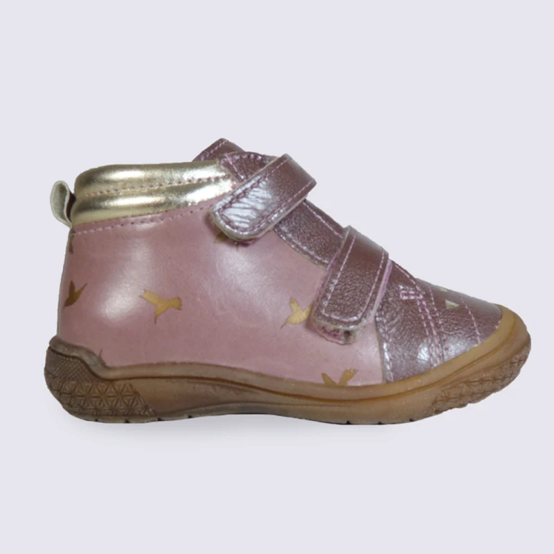 Baskets Babybotte Ă Velcro En Cuir Rose Motif Oiseaux