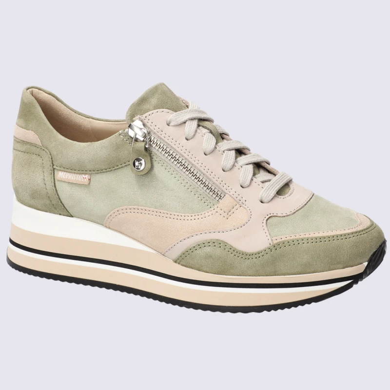 Baskets Mephisto, Baskets à Talons Compensés Femme En Cuir Velours Kaki Clair – Image 2