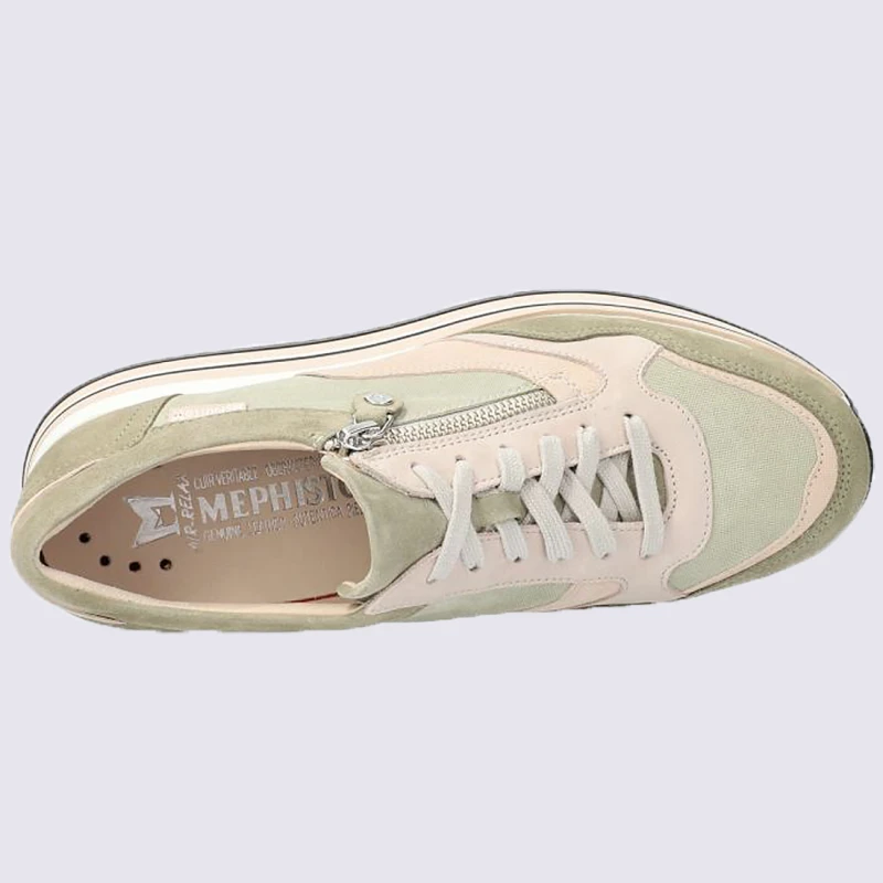 Baskets Mephisto, Baskets à Talons Compensés Femme En Cuir Velours Kaki Clair – Image 3