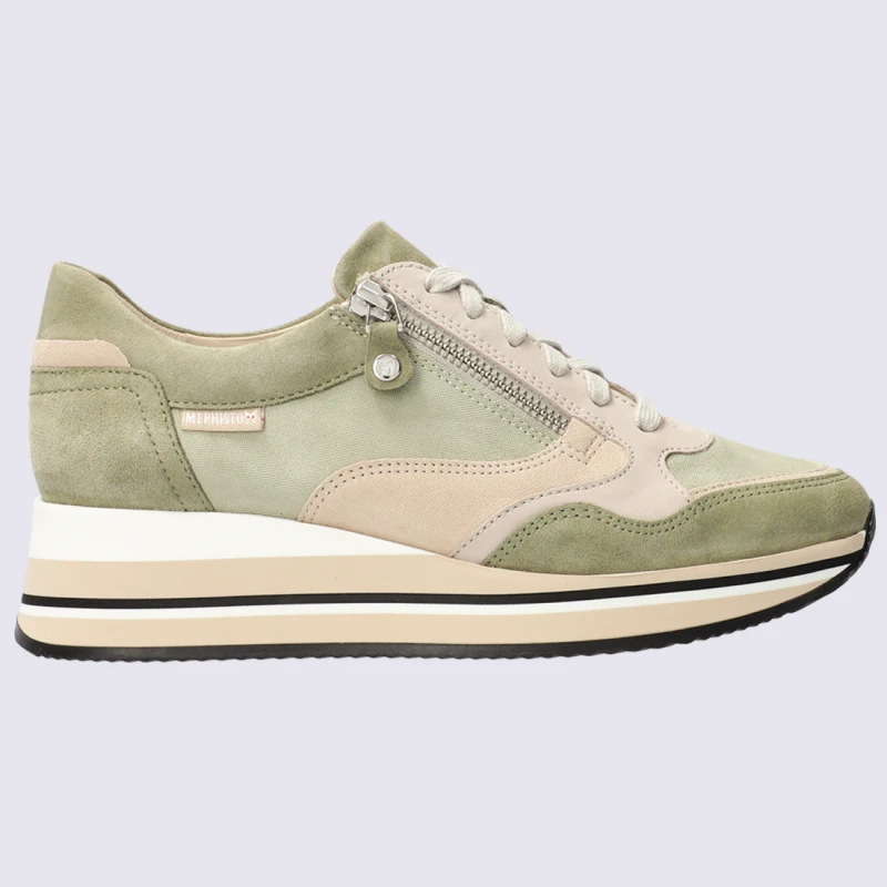 Baskets Mephisto, Baskets à Talons Compensés Femme En Cuir Velours Kaki Clair