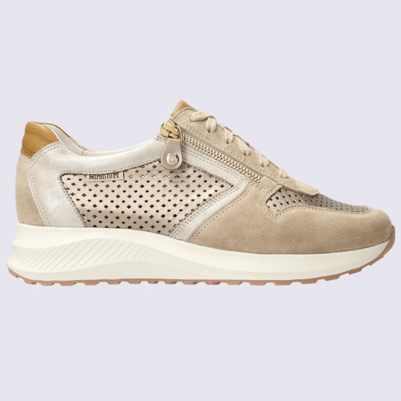 Baskets Mephisto, Baskets Perforées Femme En Cuir Velours Sable Clair