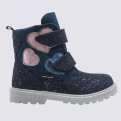 Baskets Superfit, Baskets Motif Cœur à Velcro Imperméable Filles En Cuir Bleu Et Rose