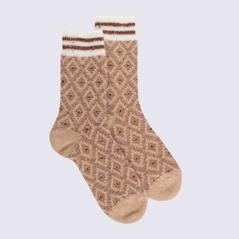 Chaussettes Doré Doré, Chaussettes Motif Losange Femme En Laine Polaire Beige Désert