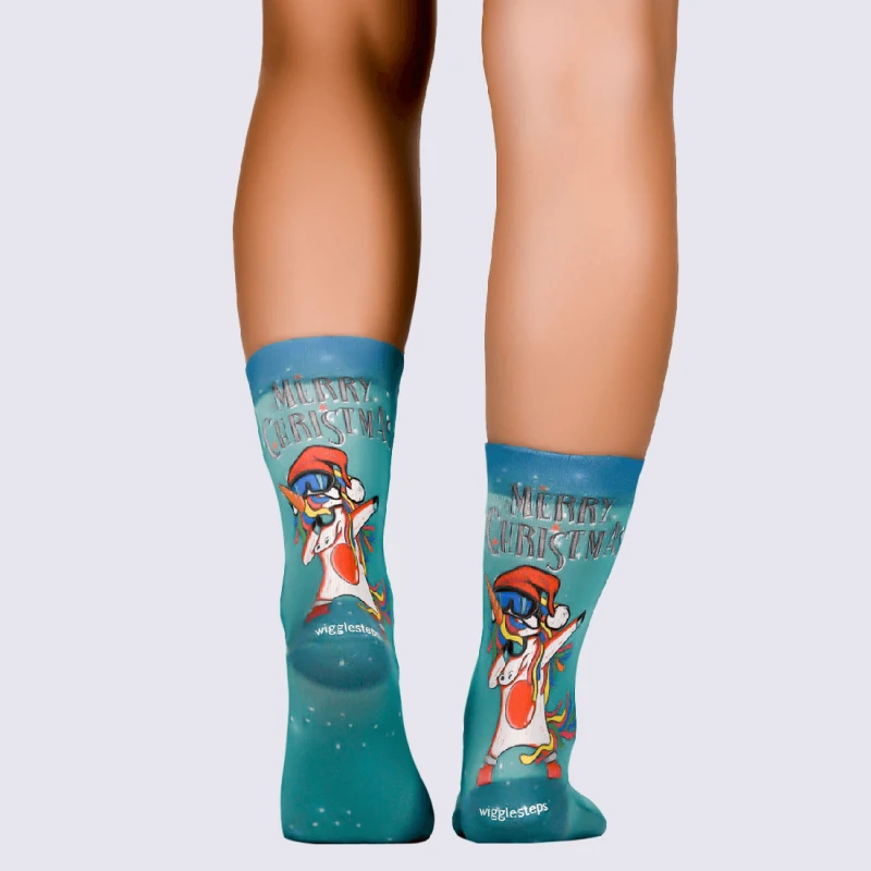 Chaussettes Wigglesteps, Chaussettes Motif Licorne De Noël Femme En Coton Bio Bleu – Image 2