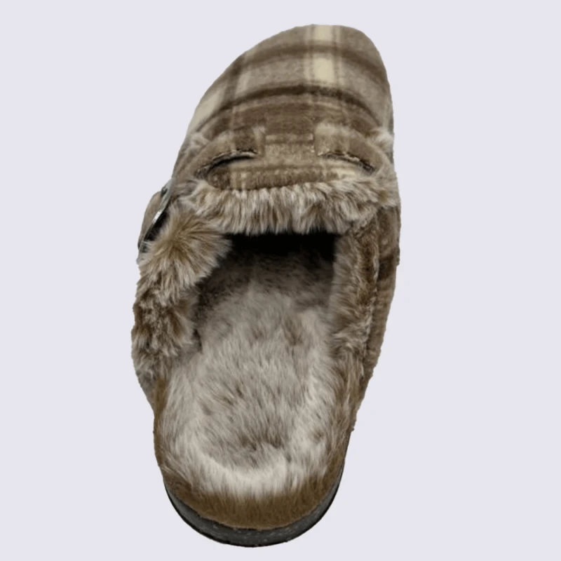 Chaussons Isotoner, Chausson Tendance Fourré Femme Cuir Tartan Marron – Image 3
