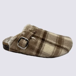 Chaussons Isotoner, Chausson Tendance Fourré Femme Cuir Tartan Marron