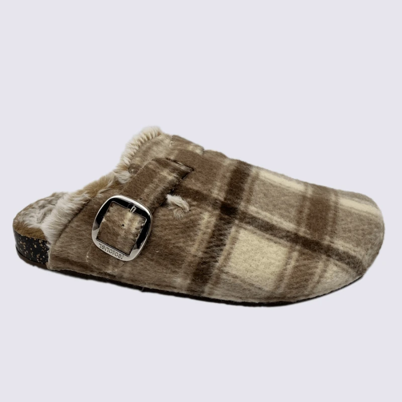 Chaussons Isotoner, Chausson Tendance Fourré Femme Cuir Tartan Marron