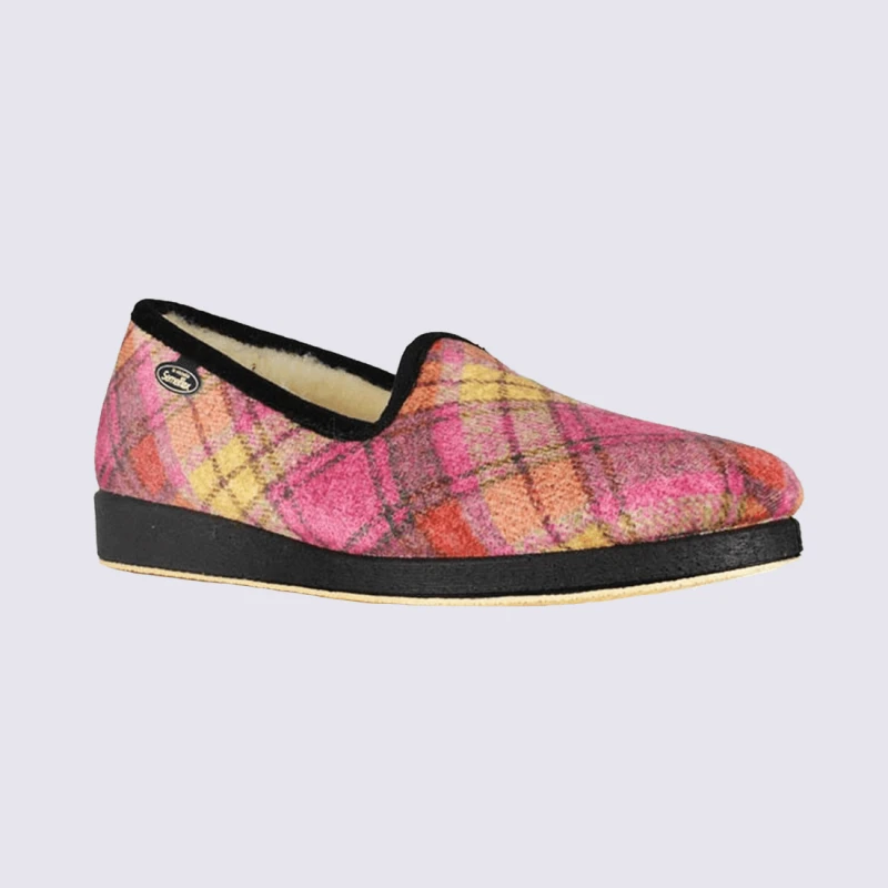 Chaussons Semelflex, Chaussons Charentaises Fourrés Motif écossais Et à Carreaux Femme Fuchsia – Image 3