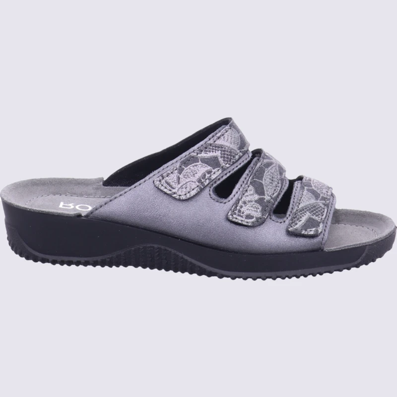 Mules Rohde, Mules Confortables 3 Brides Velcro Femme En Cuir Anthracite