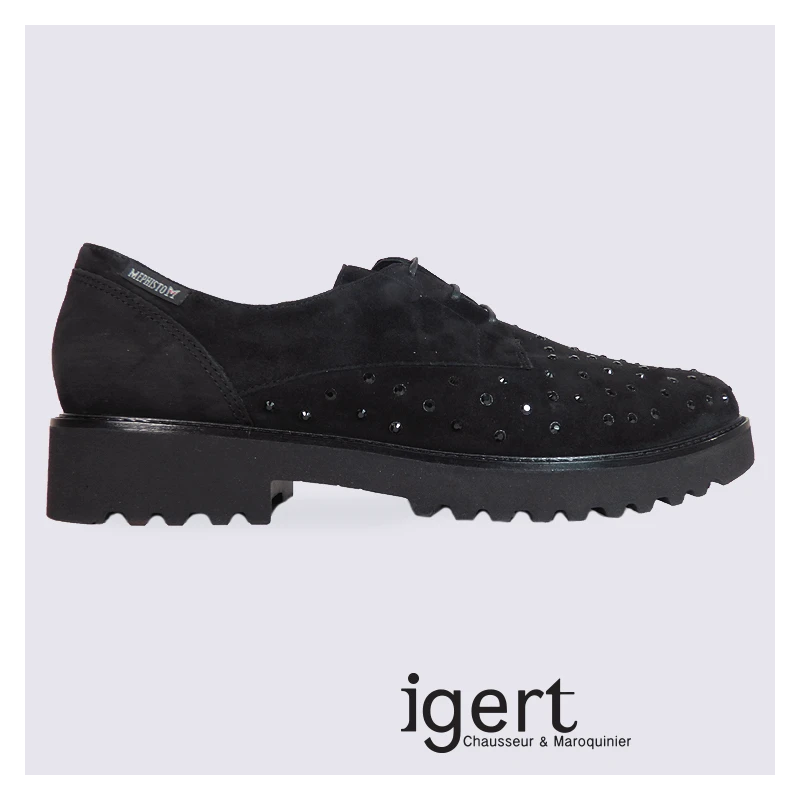 Derby Pour Femme Mephisto En Cuir Noir Et Strass