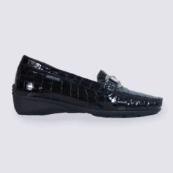 Mocassin Mephisto, Mocassins Femme En Cuir Vernis Noir Aspect Croco