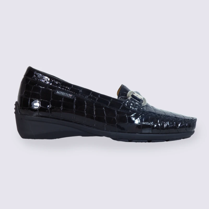 Mocassin Mephisto, Mocassins Femme En Cuir Vernis Noir Aspect Croco