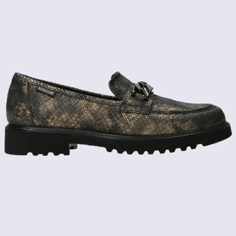 Mocassins Mephisto, Mocassins Cousu Main Motif Reptile Femme En Cuir Doré Et Noir