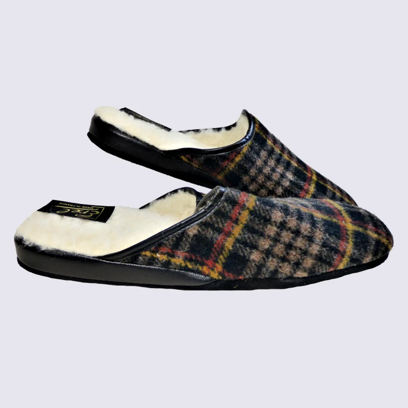 Mules Erel, Mules Chaudes à Carreaux Homme Beige Orange – Image 2