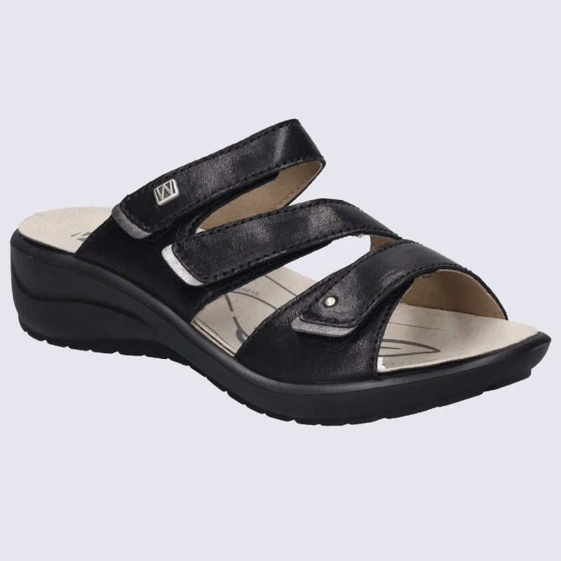 Mules Josef Seibel, Mules Femme à 3 Brides Velcroen Cuir Noir – Image 2