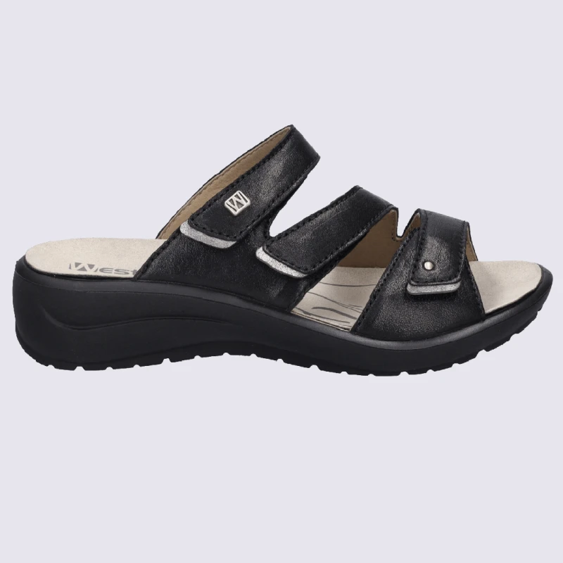 Mules Josef Seibel, Mules Femme Ă 3 Brides Velcroen Cuir Noir