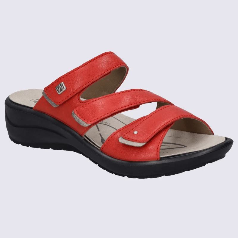 Mules Josef Seibel, Mules Femme à 3 Brides Velcroen Cuir Rouge – Image 2