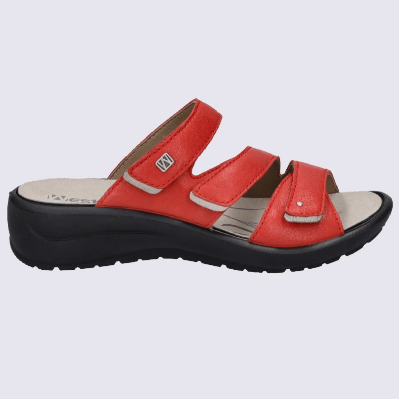 Mules Josef Seibel, Mules Femme Ă 3 Brides Velcroen Cuir Rouge