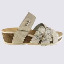 Mules Rohde, Mules Confortables à Talons Compensés Femme En Cuir Et Textile Beige Craie