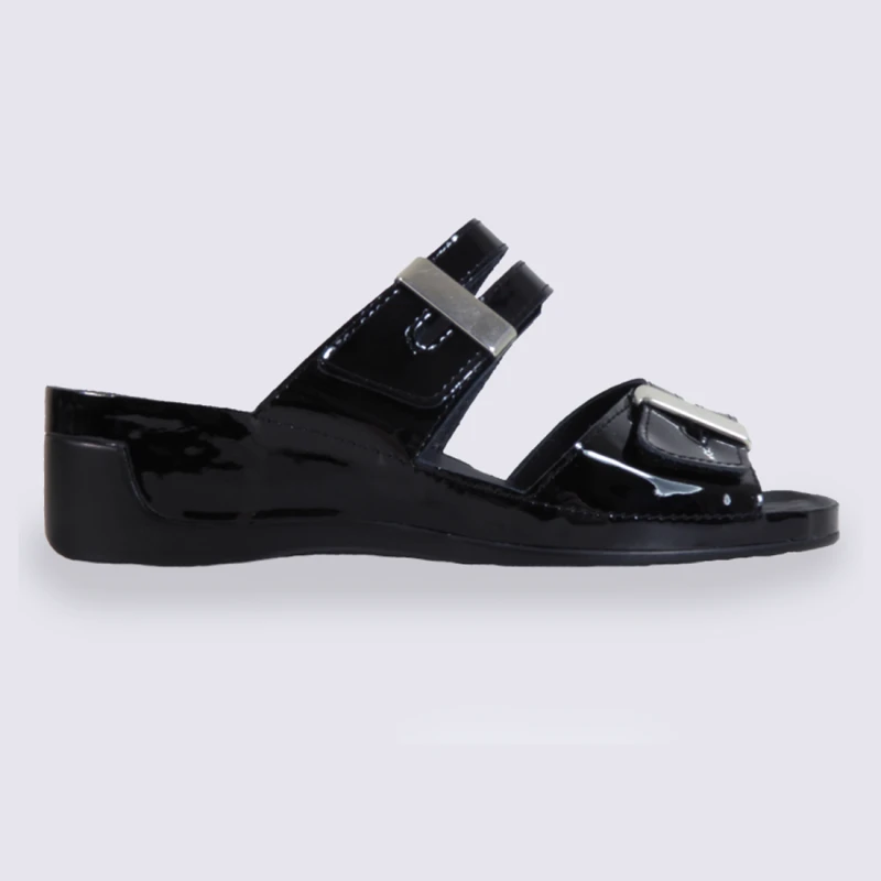 Mules Vital Femme En Cuir Vernis Noir Ă Velcros Tendance