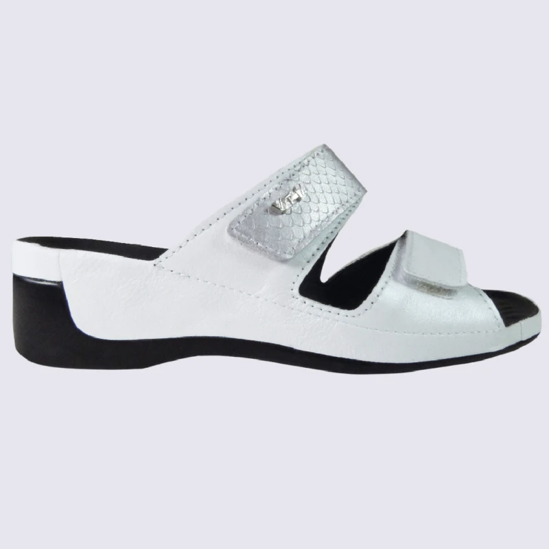 Mules Vital, Mules Confortables écailles Métallisées Femme En Cuir Blanc Et Argent