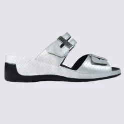 Mules Vital, Mules Ouvertes Compensées à Velcro écailles Métallisées Femme En Cuir Argent