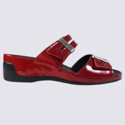 Mules Vital, Mules Ouvertes Compensées à Velcro Femme En Cuir Rouge Cerise