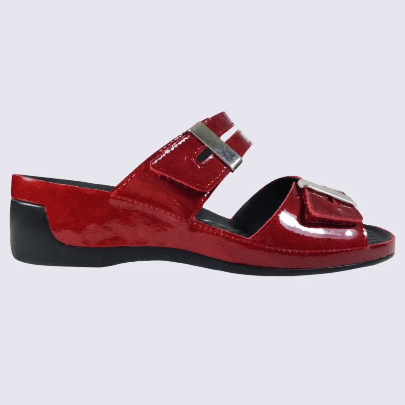 Mules Vital, Mules Ouvertes Compensées à Velcro Femme En Cuir Rouge Cerise