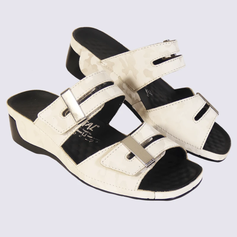 Mules Vital, Mules Ouvertes Compensées Camouflage Femme En Cuir Creme – Image 2
