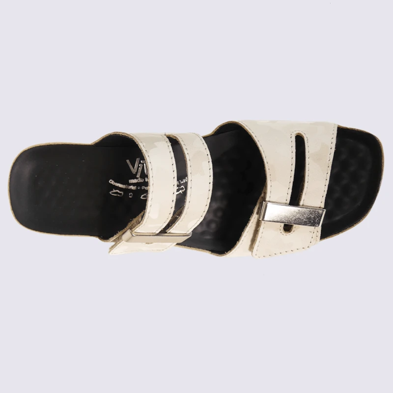 Mules Vital, Mules Ouvertes Compensées Camouflage Femme En Cuir Creme – Image 3