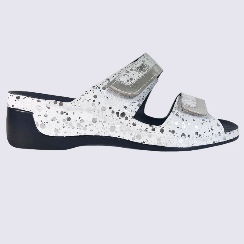 Mules Vital, Mules Ouvertes Compensées Motif Bulles Femme En Cuir Blanc