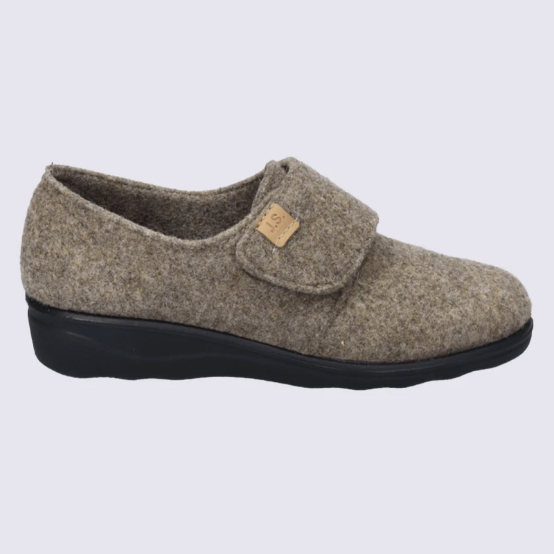 Pantoufles Josef Seibel, Pantoufles Chaude A Fermeture Velcros Femme En Feutre Brun