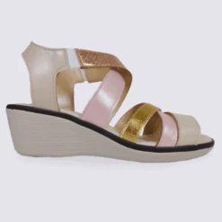 Sandales Compensées Saimon En Cuir Rose Et Dorée