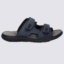 Sandales Josef Seibel, Nu-pieds Confortables Homme En Cuir Et Tissu Bleu Jeans