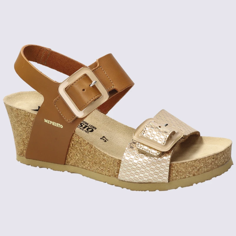 Sandales Mephisto, Sandales à Talon Compensé Femme En Cuir Camel – Image 2