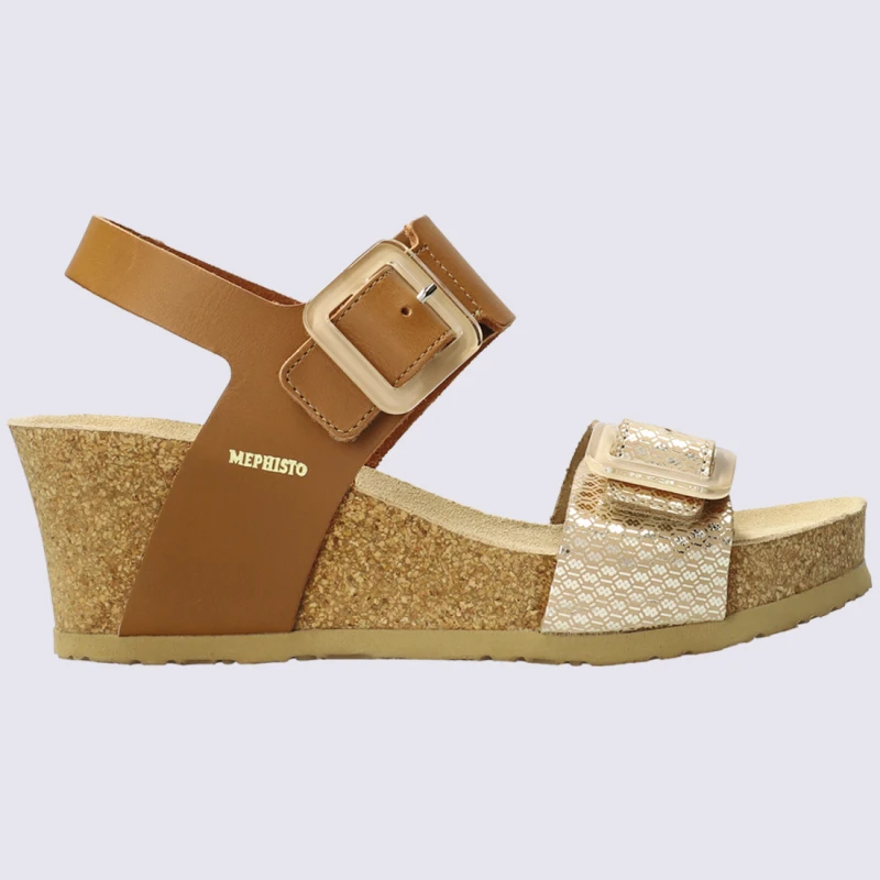 Sandales Mephisto, Sandales à Talon Compensé Femme En Cuir Camel