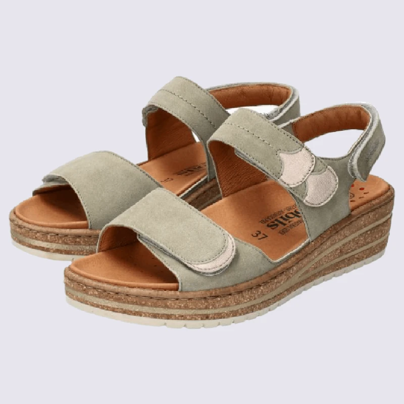 Sandales Mobils, Sandales à Talons Compensés à Velcro Femme En Cuir Kaki Clair – Image 2