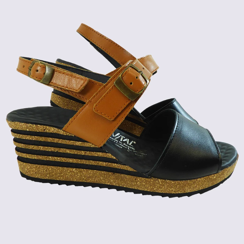 Sandales Vital, Sandales à Talon Compensé Tendances Femme En Cuir Noir/cognac – Image 2