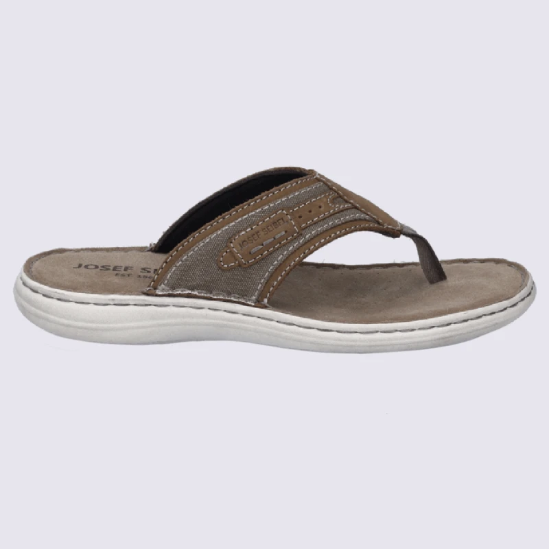 Tongs Josef Seibel, Nu-pieds Confortables Homme En Cuir Et Tissu Brun
